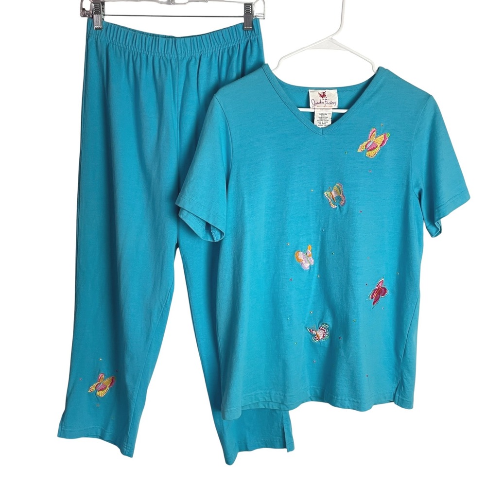 Quacker Factory 2 Piece Lounge Set Size M Turquoise Embroidered Butterflies